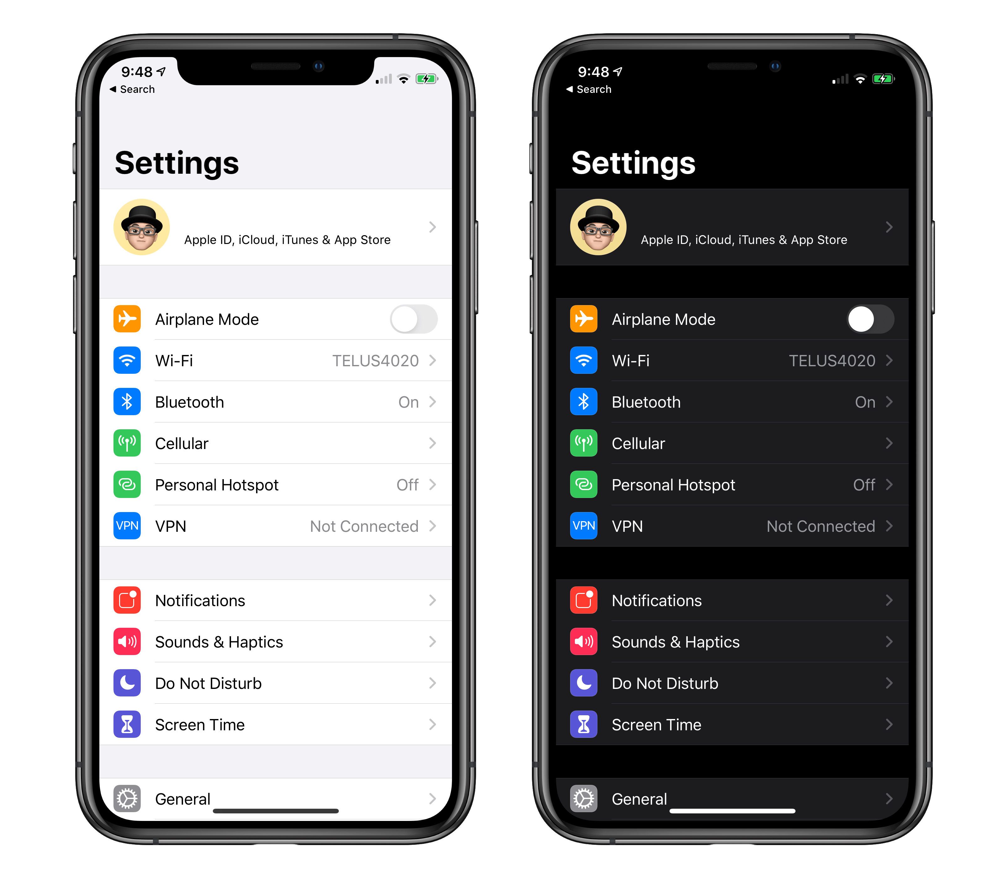 iOS Settings: Default vs. Dark Mode