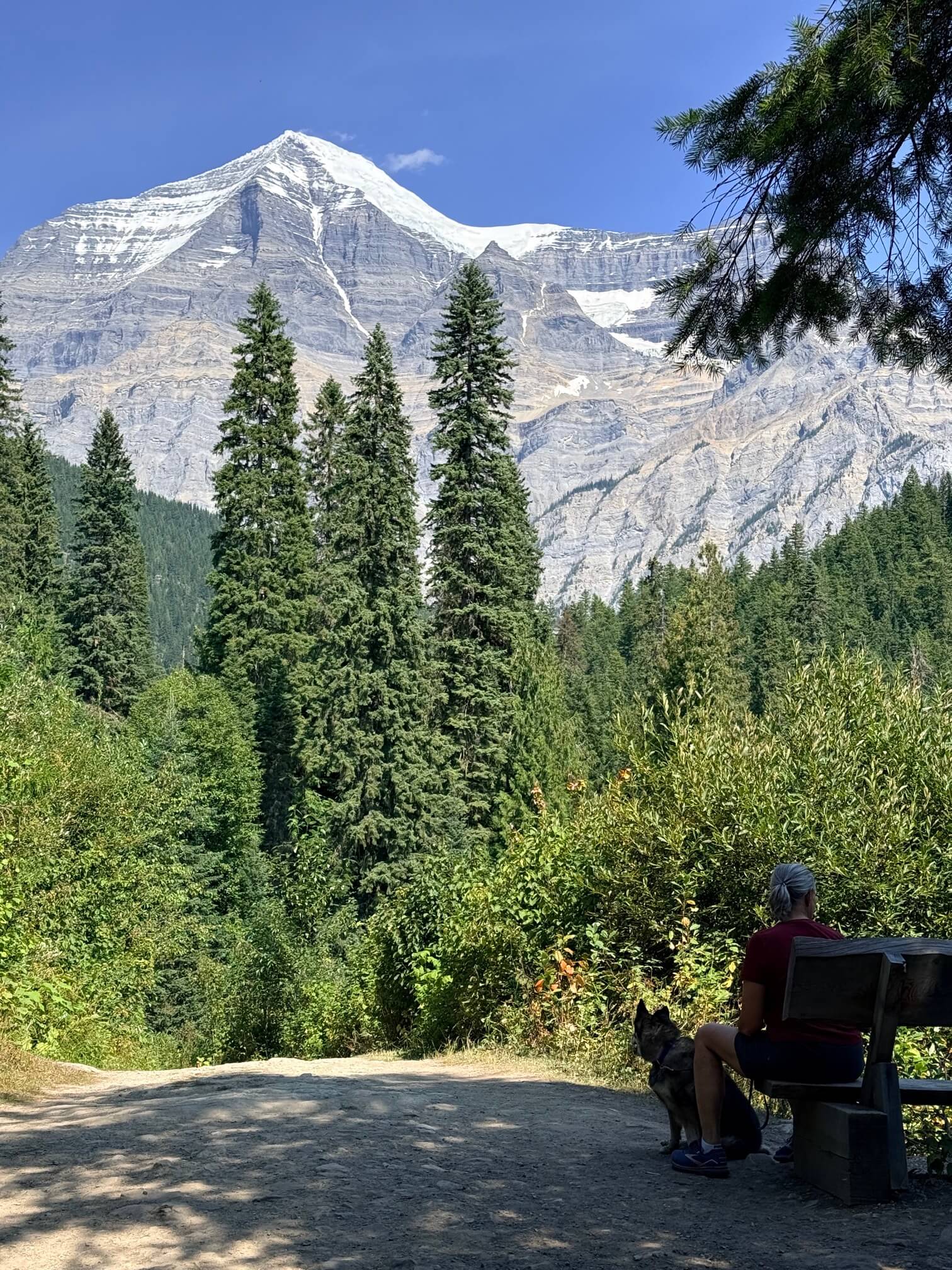 距离入口大约两公里处能看见Mount Robson。这张照片是我出山时拍的，因为进山的那天是阴天，山尖被云雾遮住了。