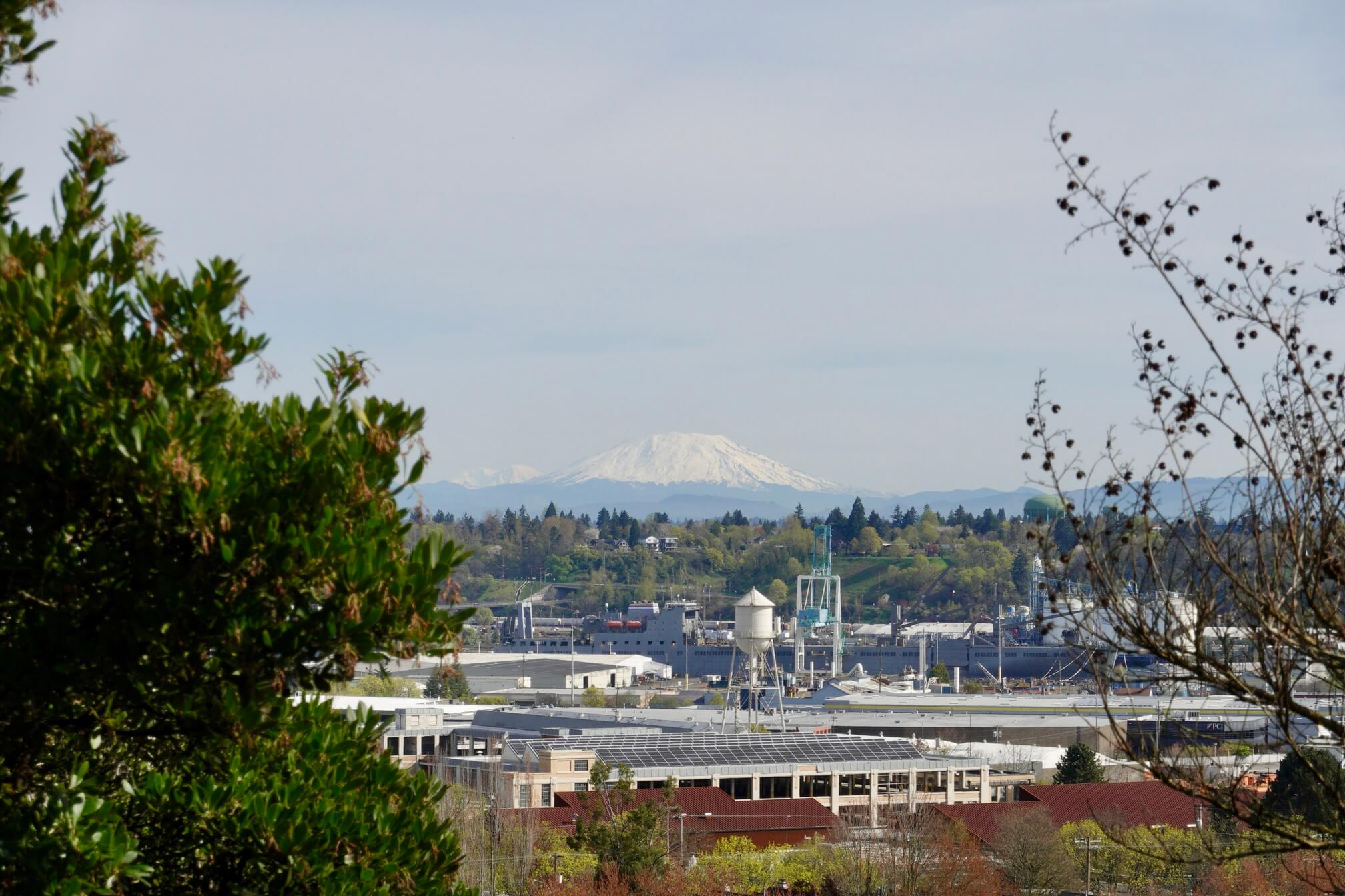 Hillside 能看到的风景—— Mt St. Helens 和被挡住一半、看着矮其实要高很多的 Mt Rainier。
